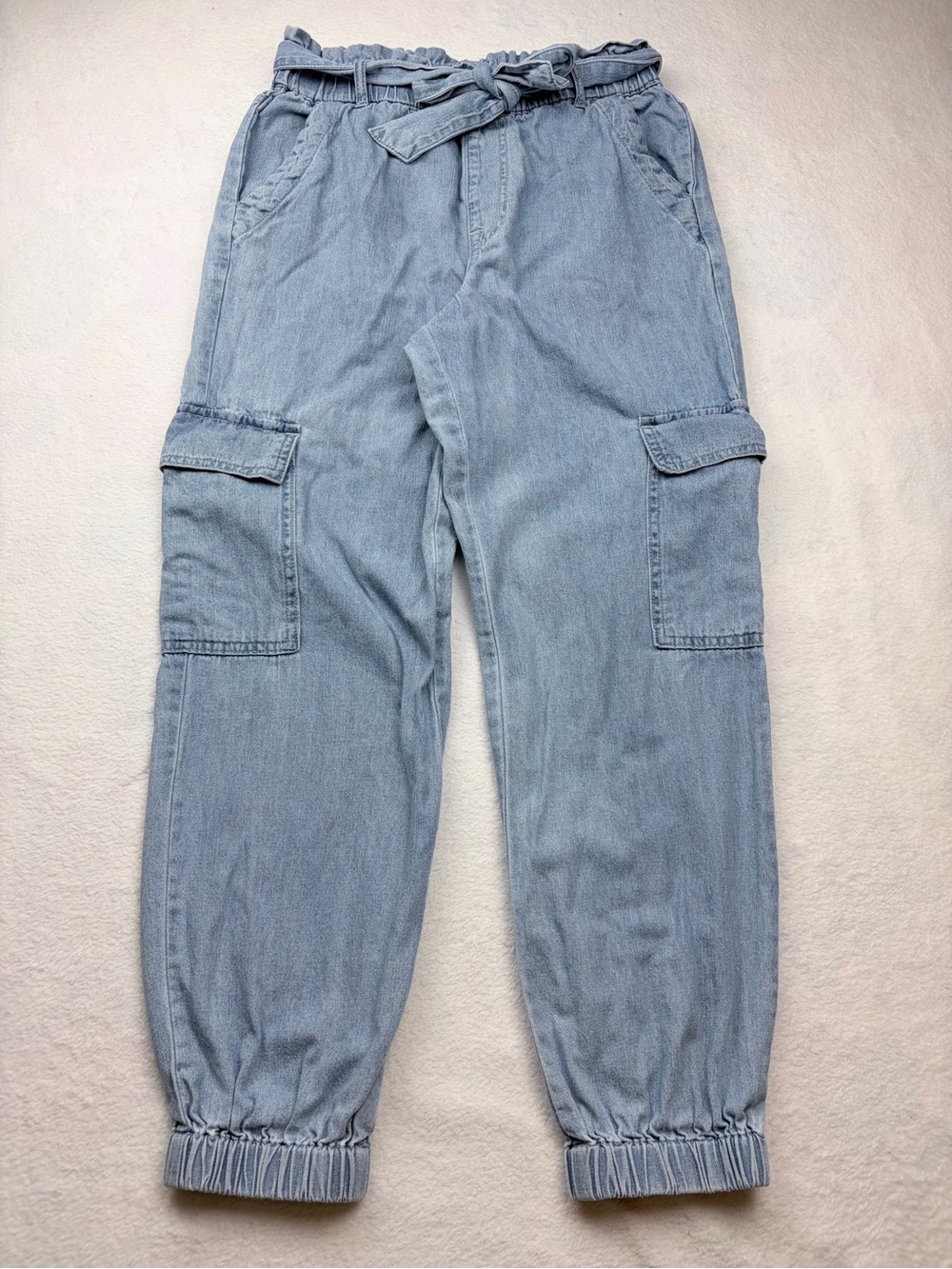 Tgla Paperbag Waist Denim Cargo Jogger Pants Tie Belt